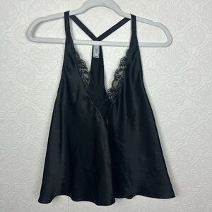 Flora Nikrooz Satin Silky Tank Top Lingerie Secy Lacey Lace Black Pjs Pajamas